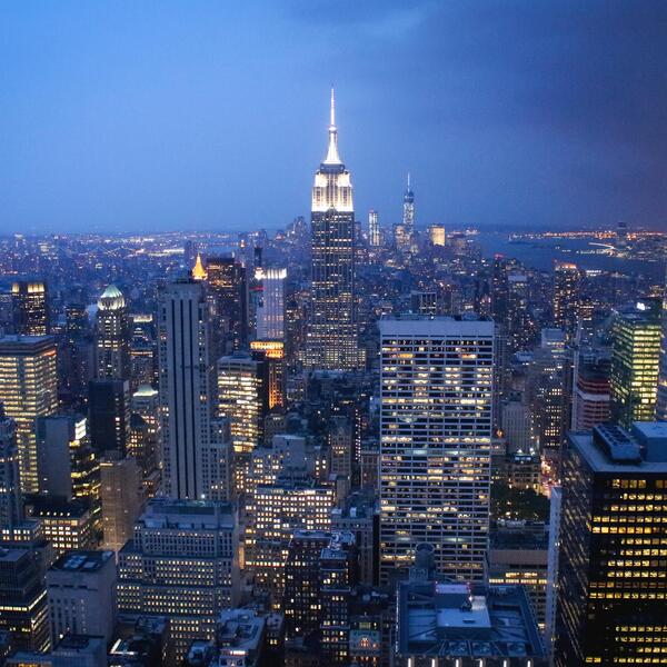 New York city lit up in twilight