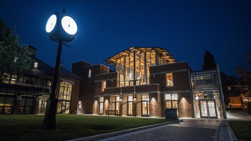 Night time view of the Sun Centre and Considine Clock