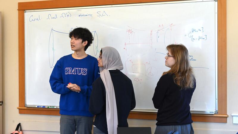 Mathematics 12 students look on with a white board of formulas in the background. 