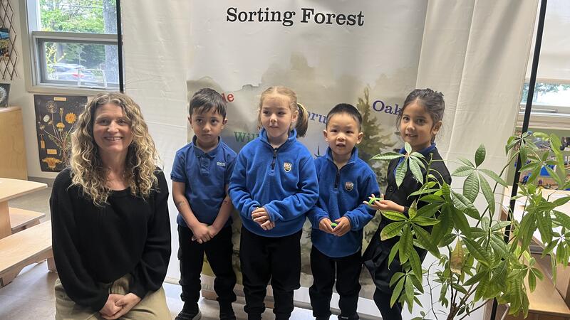 Junior Kindergarten students stand by the banner highlighting the sorting forest. 