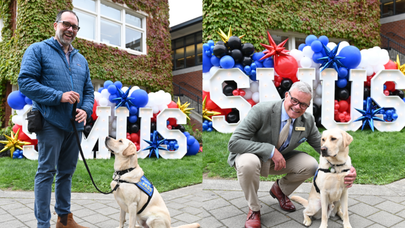 Two side-by-side photos of Radar posing with Chris Webster and then with Mark Turner