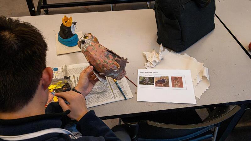 Grade 9 3D Art students make animal sculptures from clay and paper mache