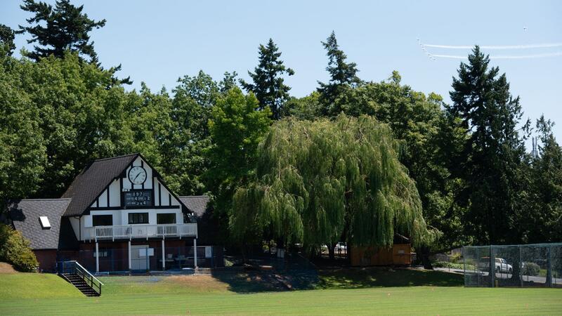 A large willow tree beside the Wenman Pavilion on a sunny day