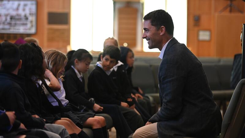 Eliot Anderson with Grade 1 students