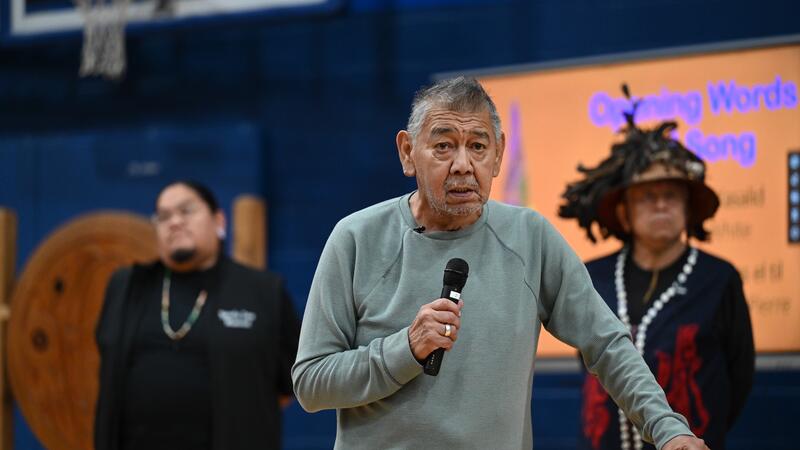 Willie Pierre takes the microphone at National Day for Truth and Reconciliation 2026