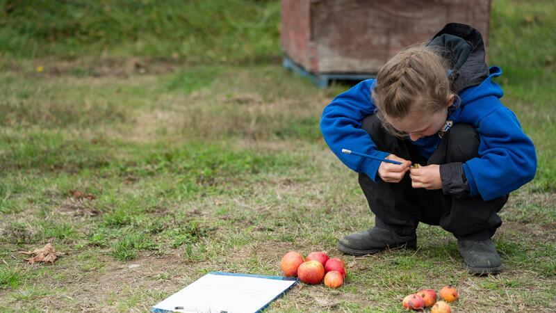One student crouches down intensely examining an apple with her clipboard near by.